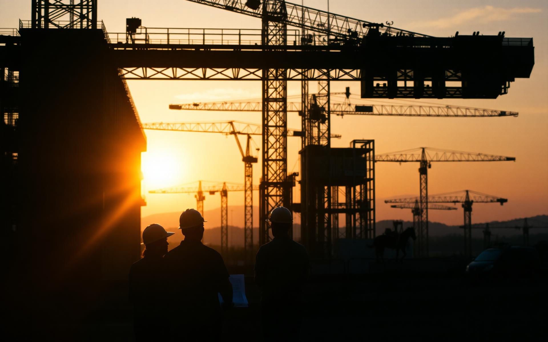 Crew silhouetted against a construction site at golden hour